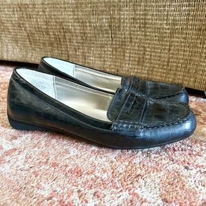 Chaps Driving Moccasins Loafers Shoes Croc Print Leather Black Size 8.5B